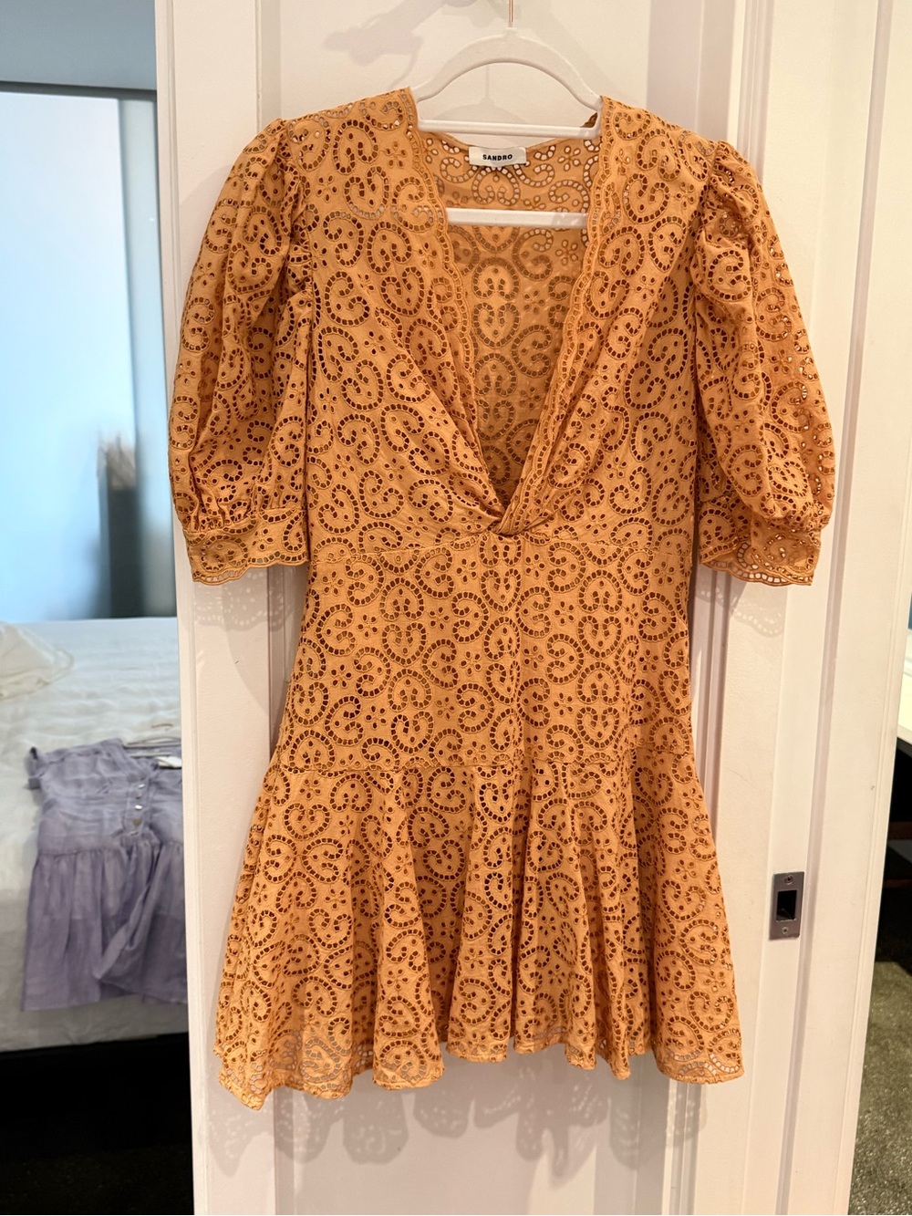 Sandro Yellow Eyelet V-Neck Mini Dress